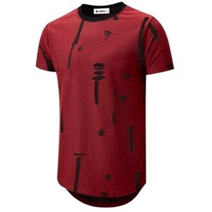 •Kliegou S Ripped Red/Black Hipster Rounded Hem T-Shirt! EUC!